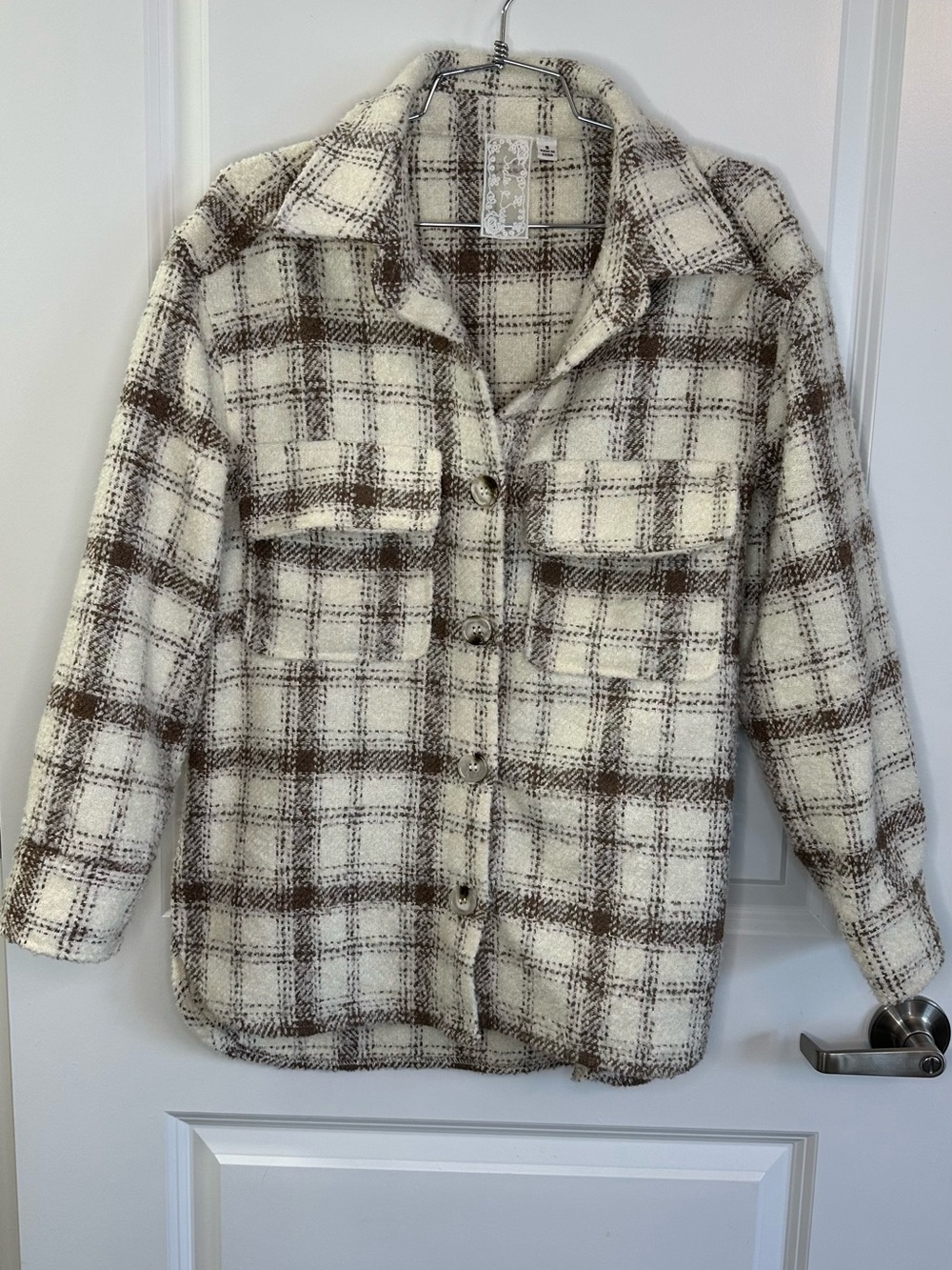 Sadie & Sage Cream and Brown Teddy Plaid Jacket